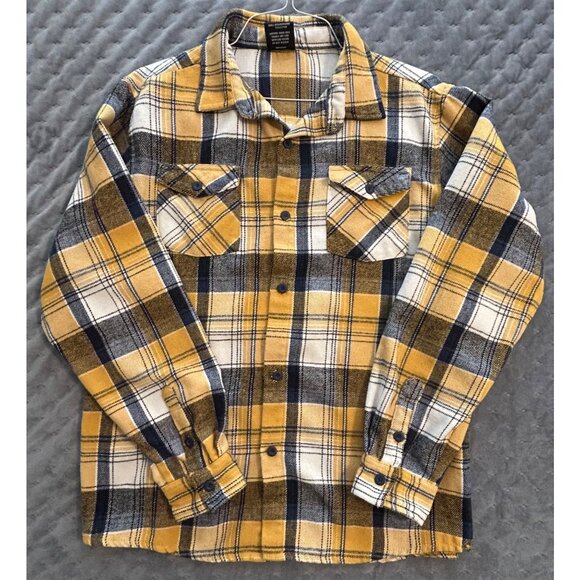 Men's Yellow Navy Plaid Flannel Shirt M Original Deluxe Supply Grunge Lumberjack - Picture 5 of 7